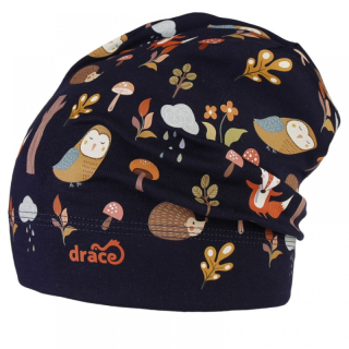 Spadlá bavlněná čepice Dráče Pepe - vzor 12, lesní zvířátka, tm. modrá